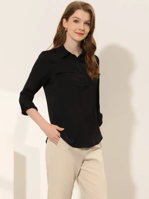 Lapel Collar 3/4 Roll Up Sleeve Button Up Casual Work Blouse sold by Allegra K