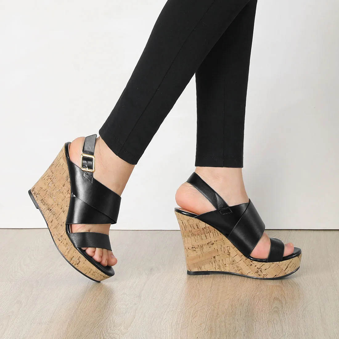 Solid Straps Wood Platform Wedge Slingback Sandals sold by Allegra K product image thumbnail 3