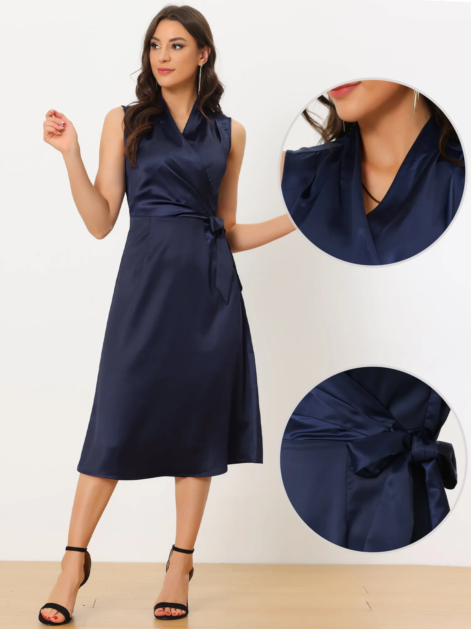 Satin Bodycon Tie Waist V Neck Sleeveless Midi Dress sold by Allegra K product image thumbnail 2