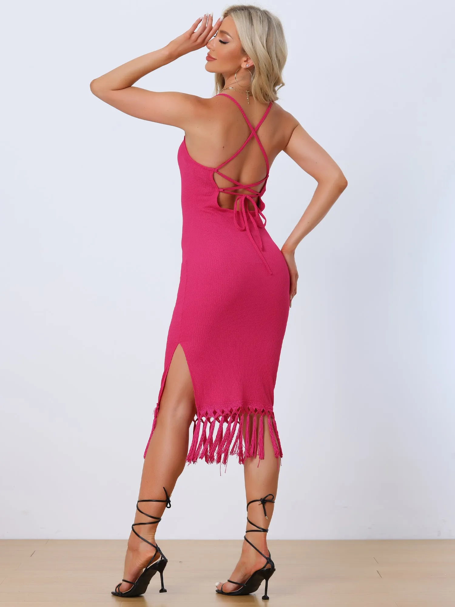 Crochet Dress Fringe Hem Boho Beach Sleeveless Dress sold by Allegra K product image thumbnail 3