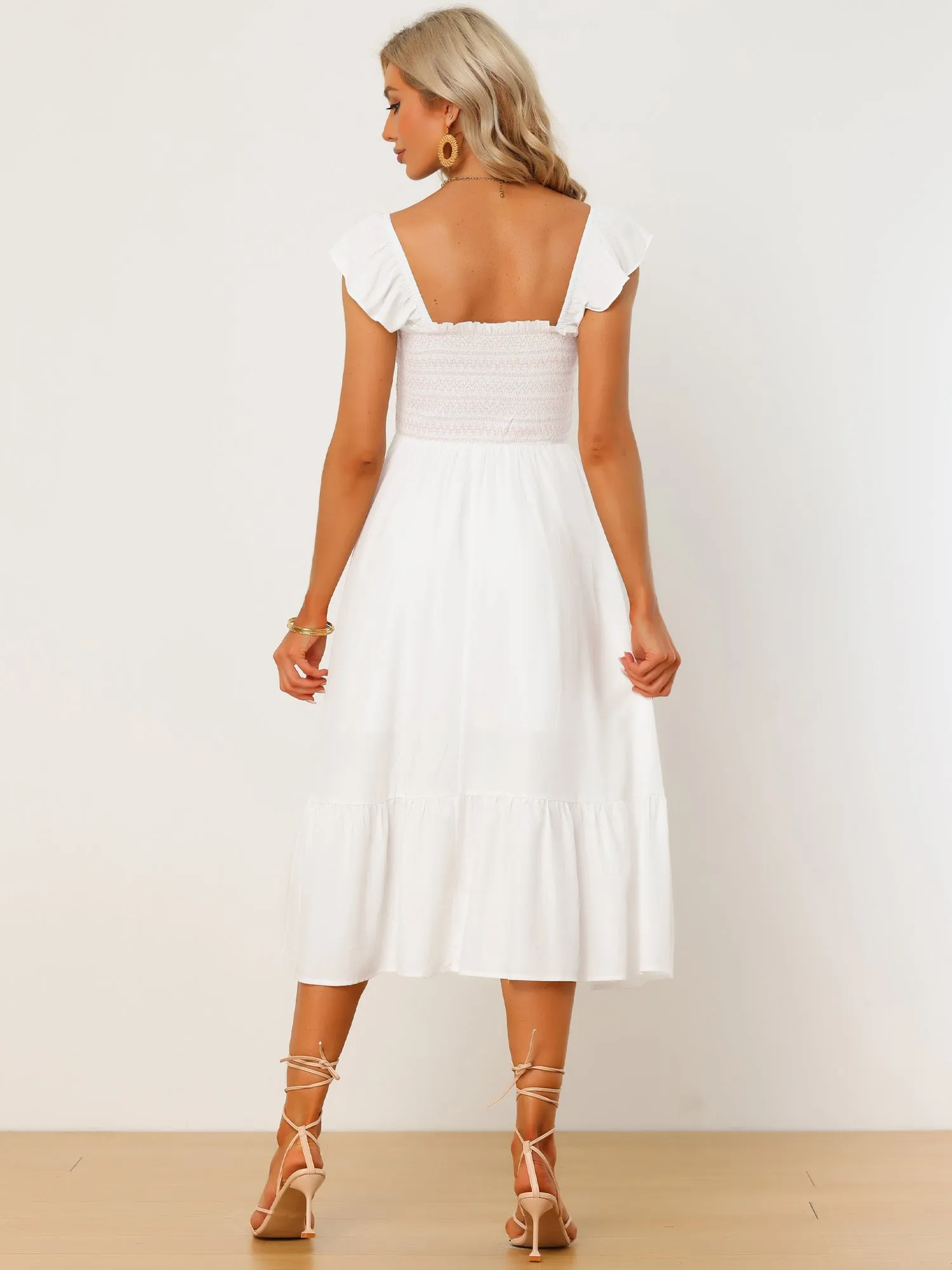 Boho Square Neck Ruffle Tiered Flowy Smocked Midi Dress Sundress sold by Allegra K product image thumbnail 2