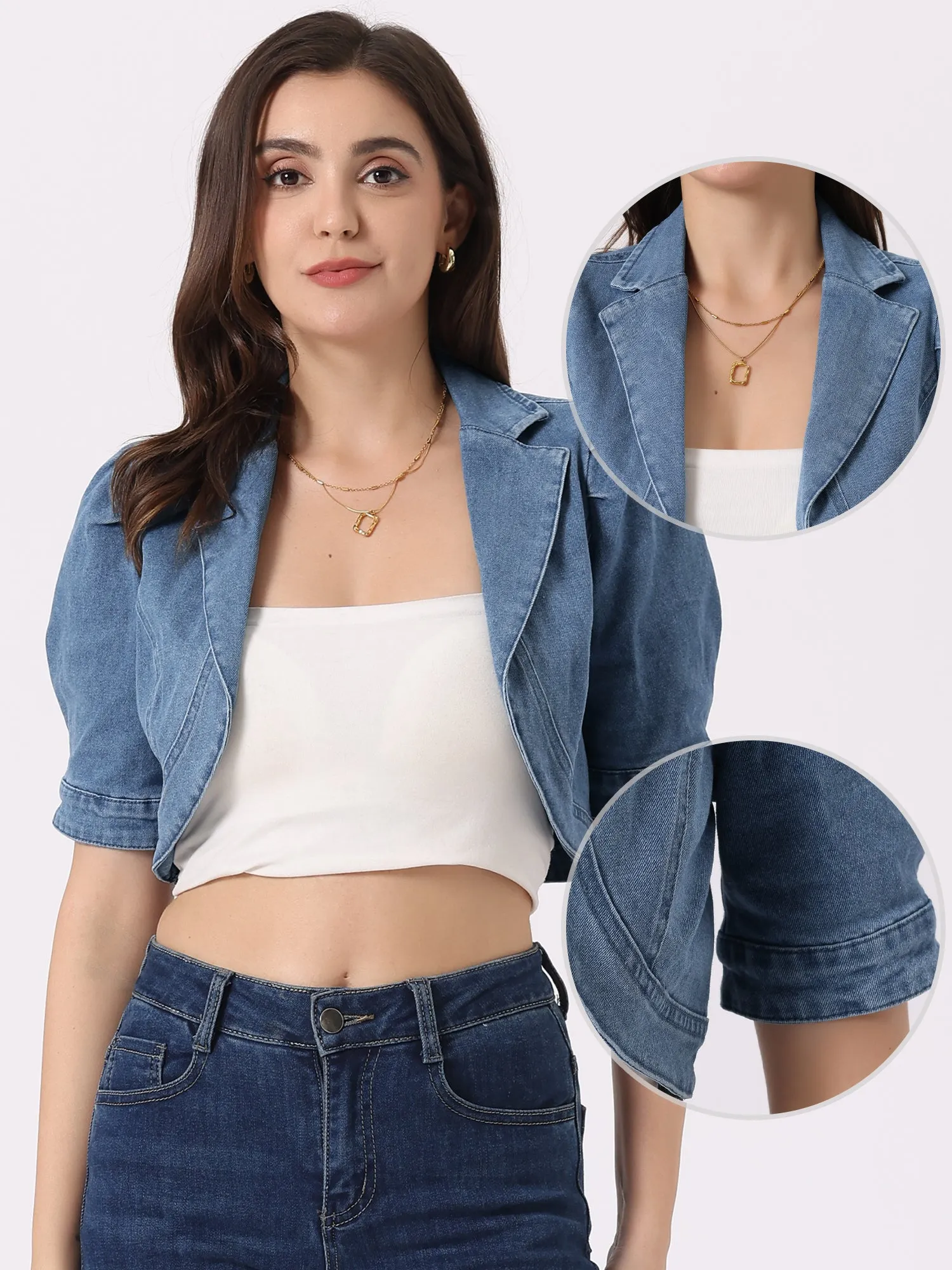 Cropped Denim Short Sleeve Lapel Collar Jean Jacket sold by Allegra K product image thumbnail 2