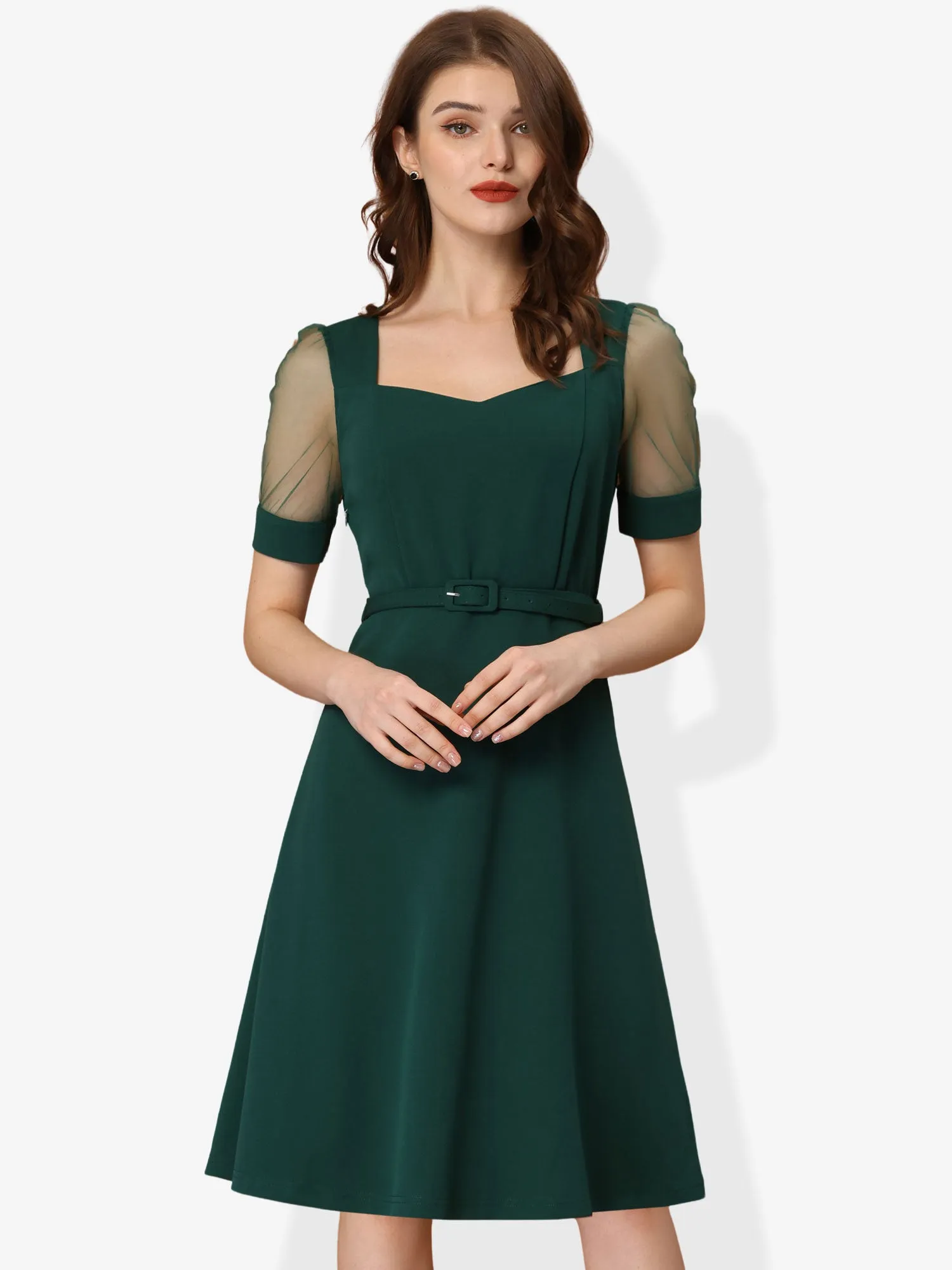 Retro Mesh Short Sleeve Sweetheart Neck 1950s Belted Dress sold by Allegra K