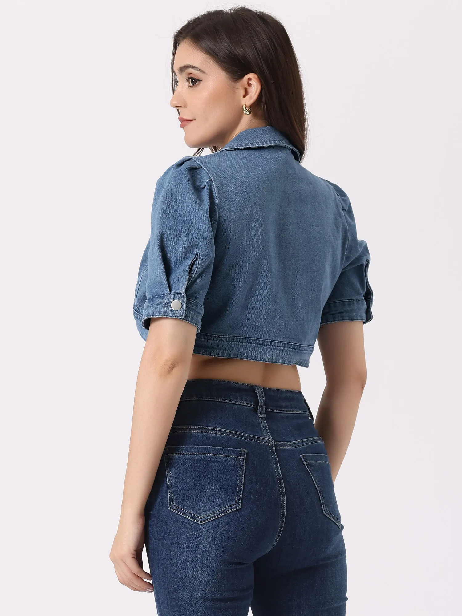 Cropped Denim Short Sleeve Lapel Collar Jean Jacket sold by Allegra K product image thumbnail 3