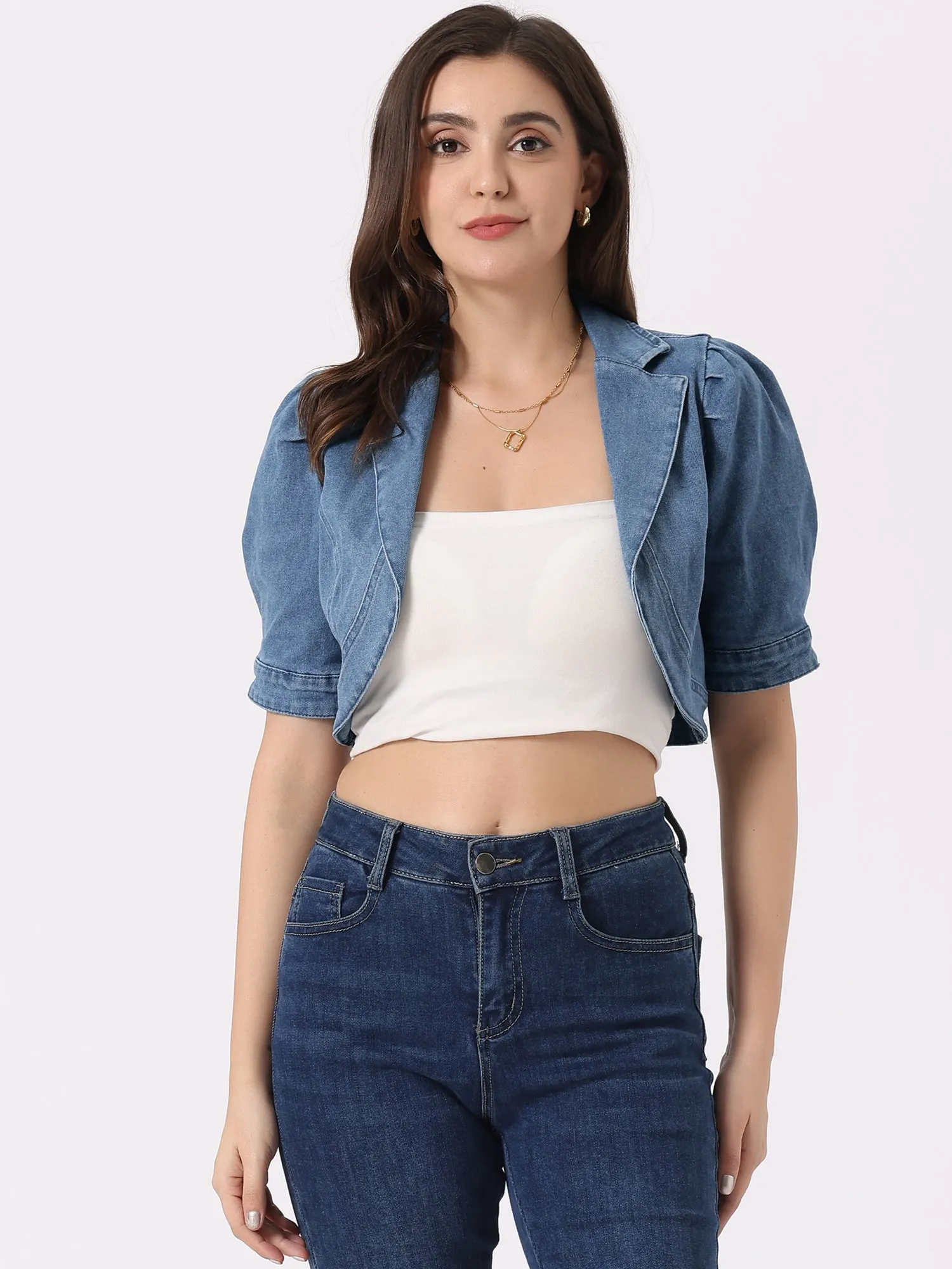 Cropped Denim Short Sleeve Lapel Collar Jean Jacket sold by Allegra K