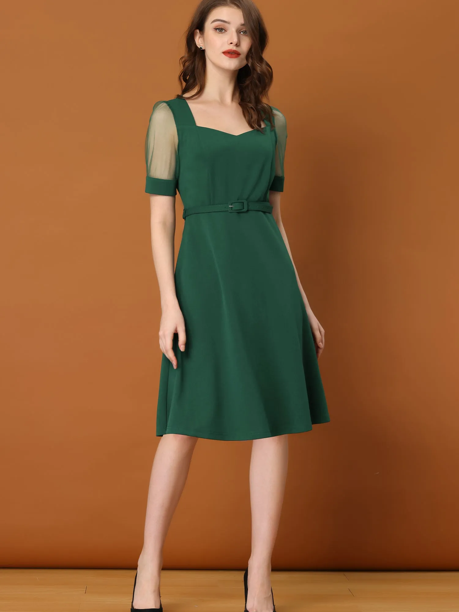 Retro Mesh Short Sleeve Sweetheart Neck 1950s Belted Dress sold by Allegra K product image thumbnail 2