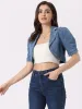 Cropped Denim Short Sleeve Lapel Collar Jean Jacket sold by Allegra K