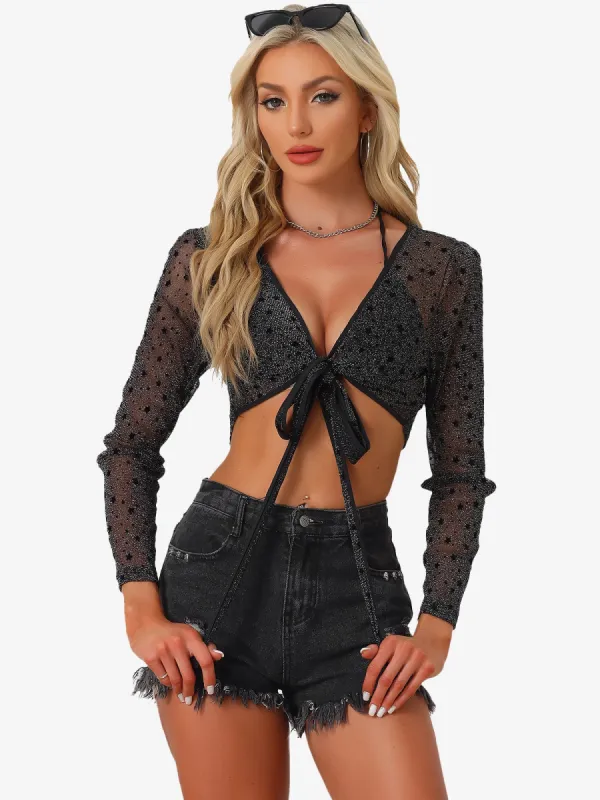 Star Printed Cross V Neck Sheer Blouse Glitter Crop Top sold by Allegra K