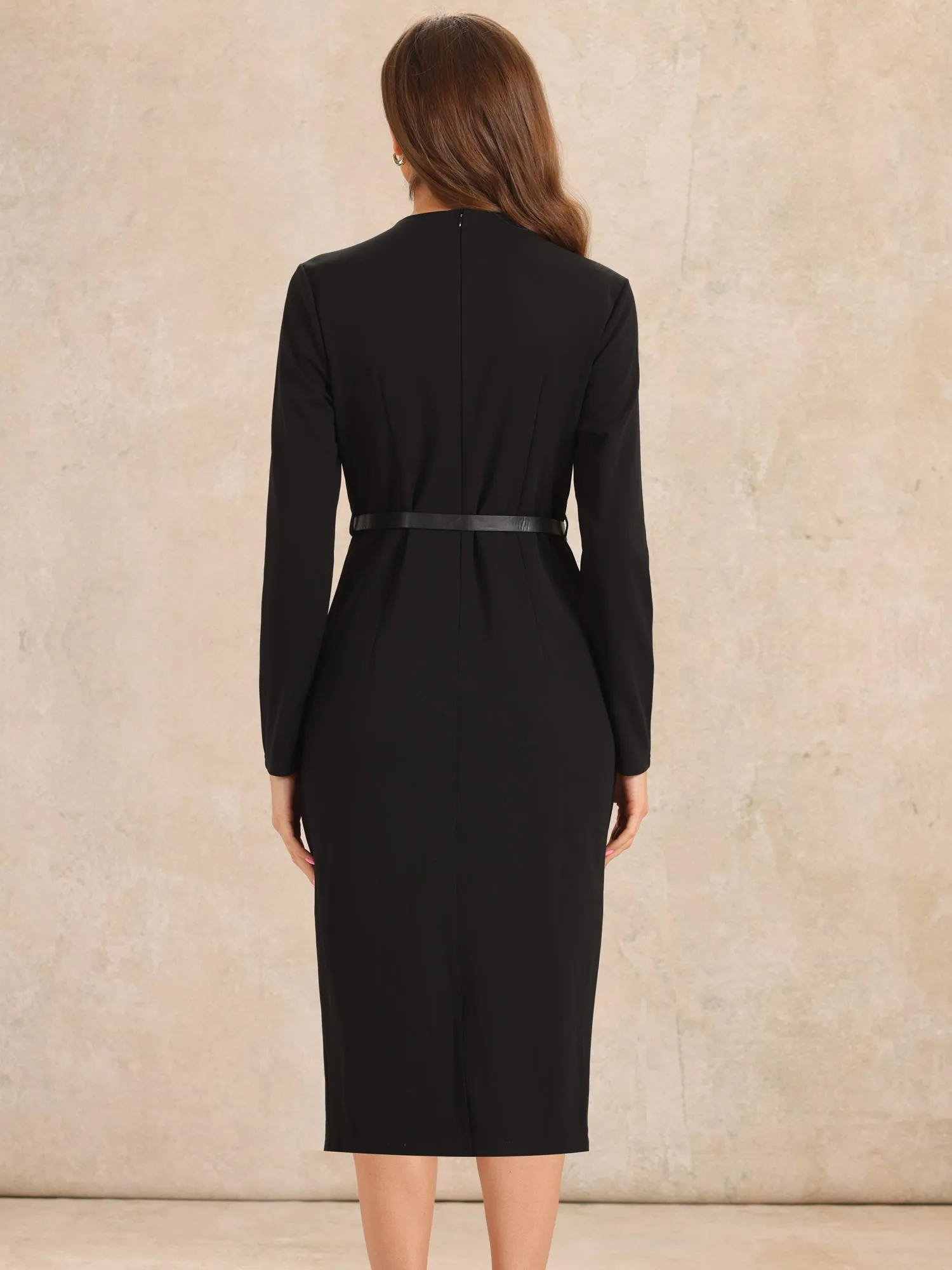 Solid Color Belted Long Sleeves Work Midi Sheath Dress sold by Allegra K product image thumbnail 2