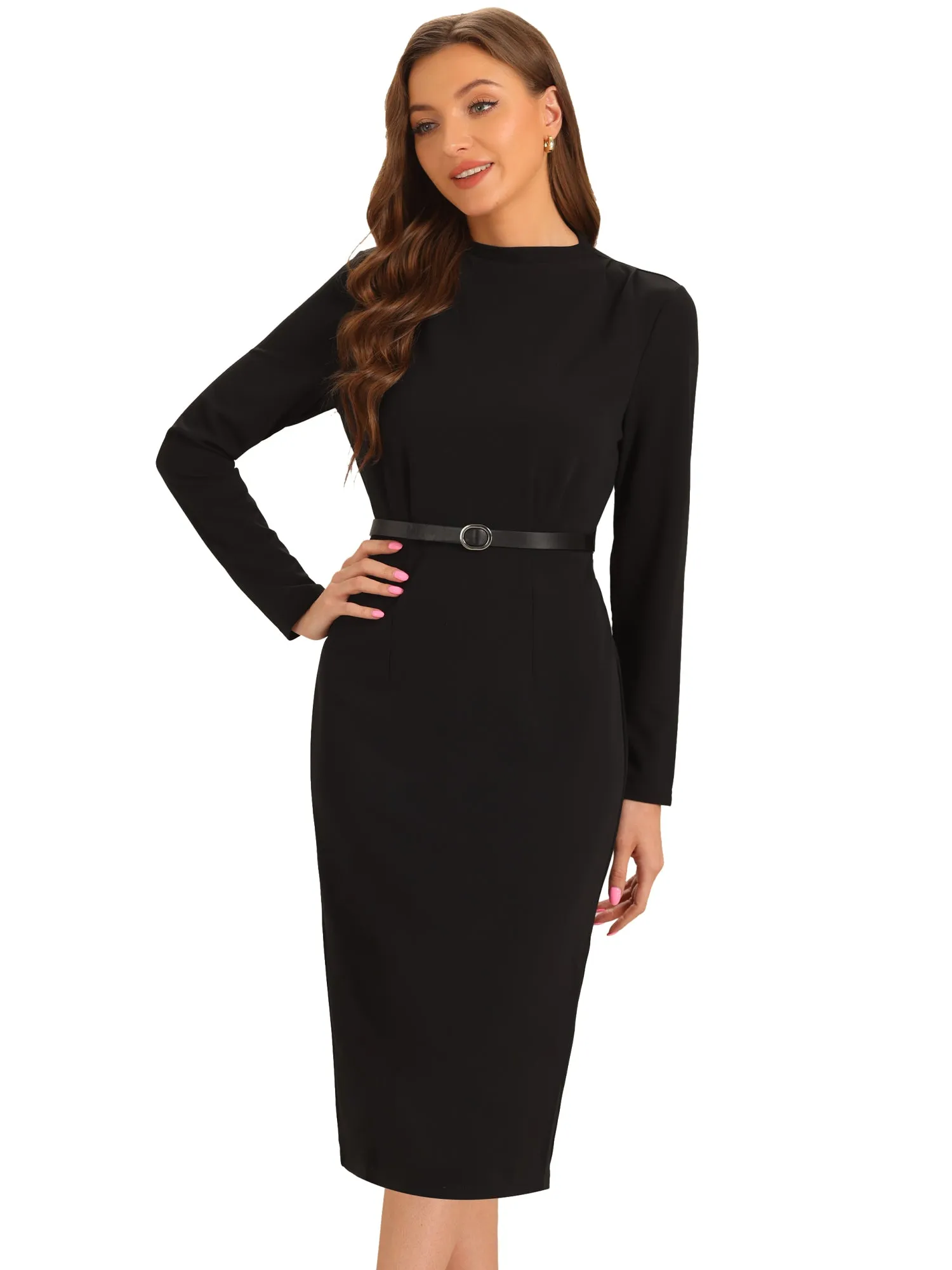 Solid Color Belted Long Sleeves Work Midi Sheath Dress sold by Allegra K product image thumbnail 4
