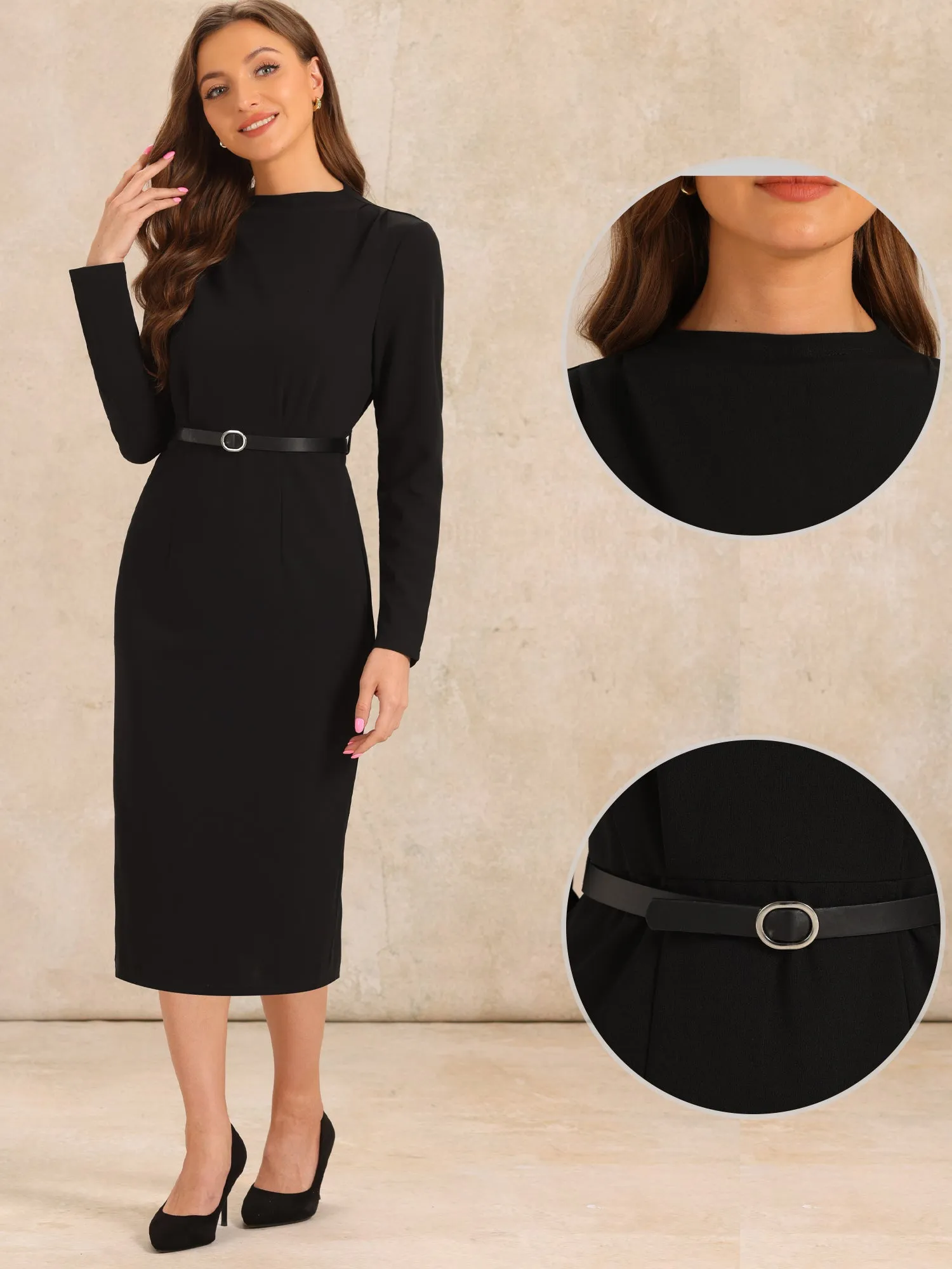 Solid Color Belted Long Sleeves Work Midi Sheath Dress sold by Allegra K