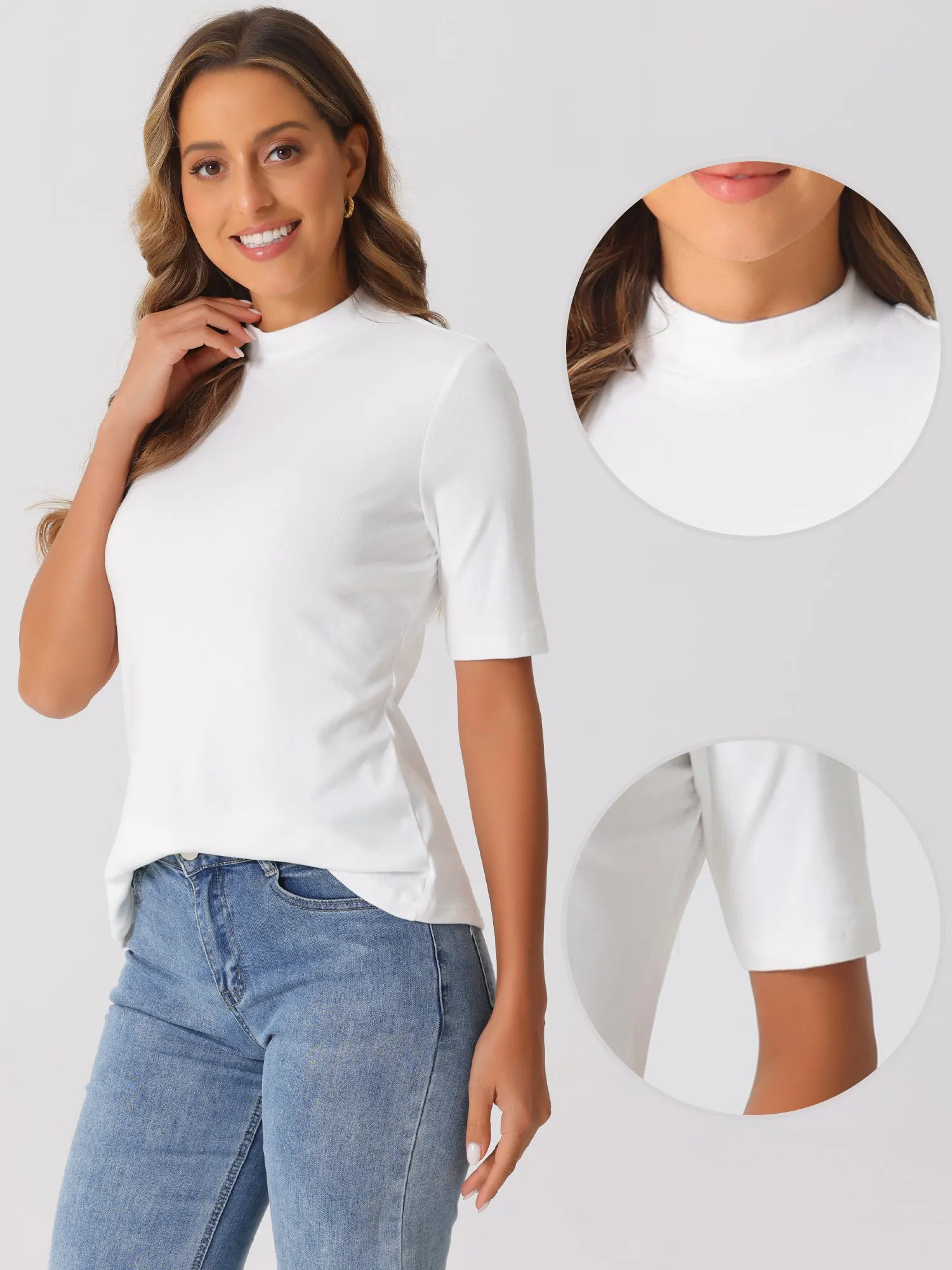 Mock Neck Solid Color Short Sleeves Casual T-shirts sold by Allegra K product image thumbnail 2