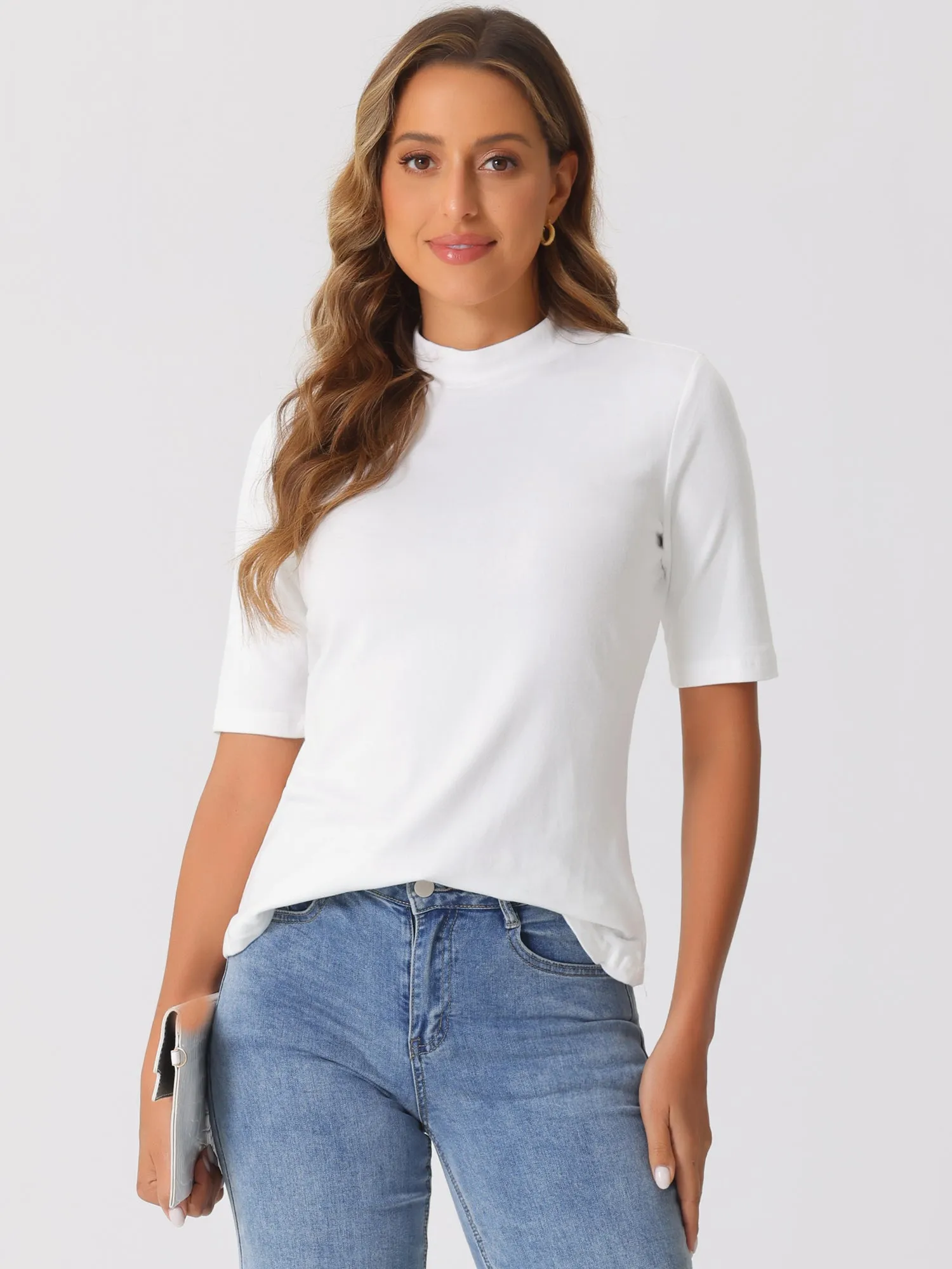 Mock Neck Solid Color Short Sleeves Casual T-shirts sold by Allegra K