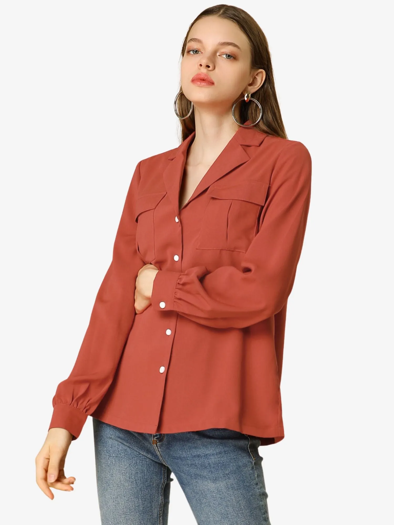 Solid Color Button Down Work Notch Lapel Collar Shirt sold by Allegra K