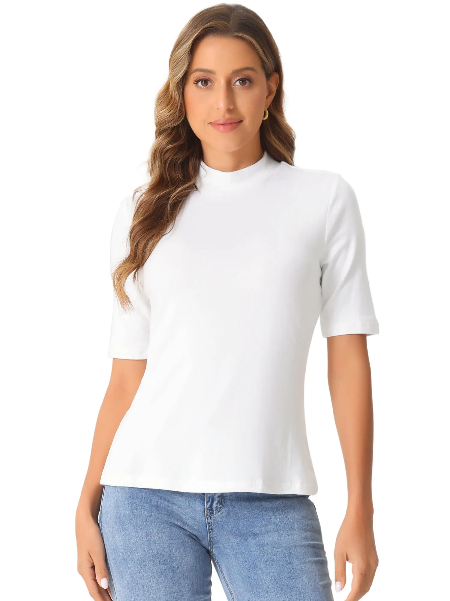 Mock Neck Solid Color Short Sleeves Casual T-shirts sold by Allegra K product image thumbnail 5