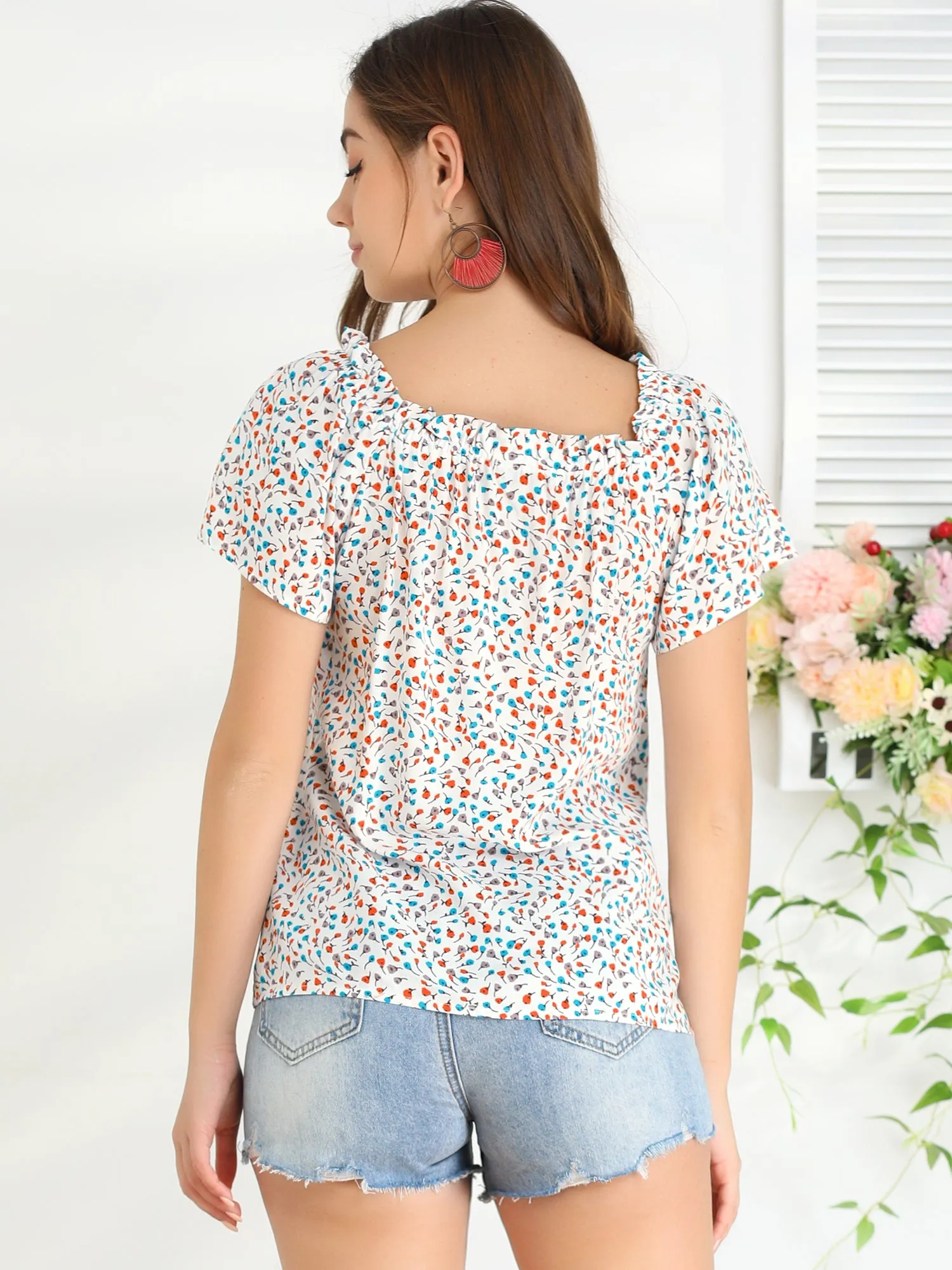 Casual Square Ruffle Neck Blouse Short Sleeve Summer Floral Tops sold by Allegra K product image thumbnail 5