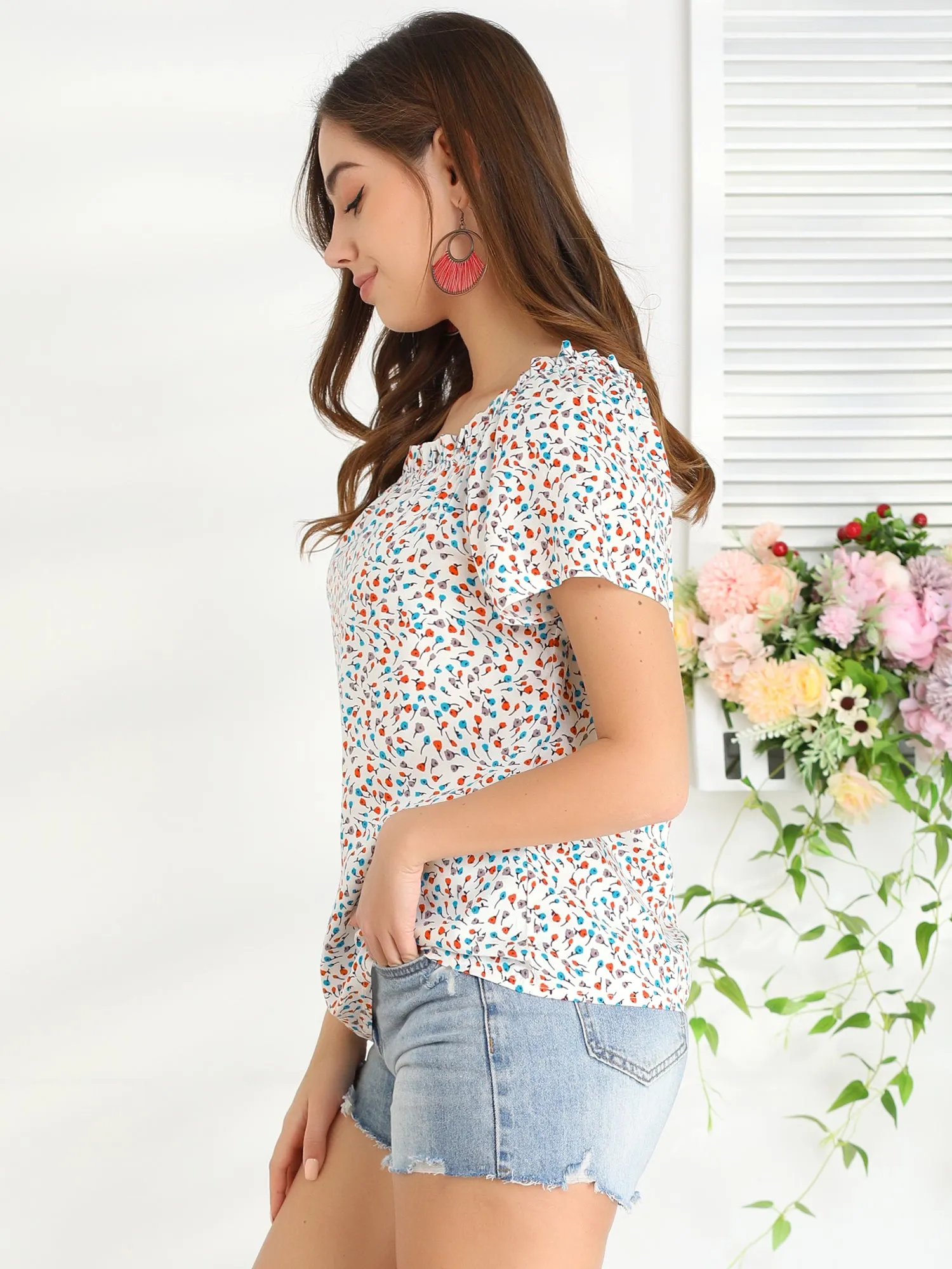Casual Square Ruffle Neck Blouse Short Sleeve Summer Floral Tops sold by Allegra K product image thumbnail 4
