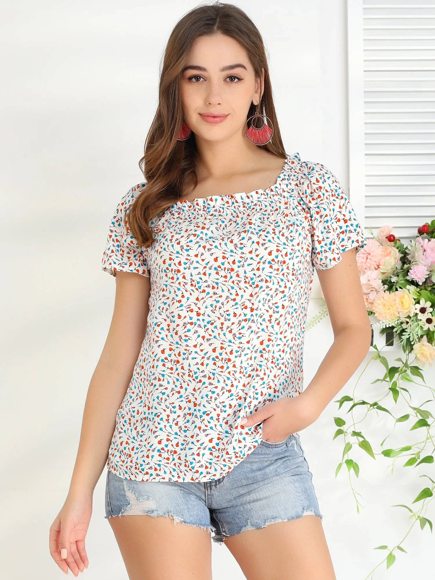 Casual Square Ruffle Neck Blouse Short Sleeve Summer Floral Tops sold by Allegra K product image thumbnail 3
