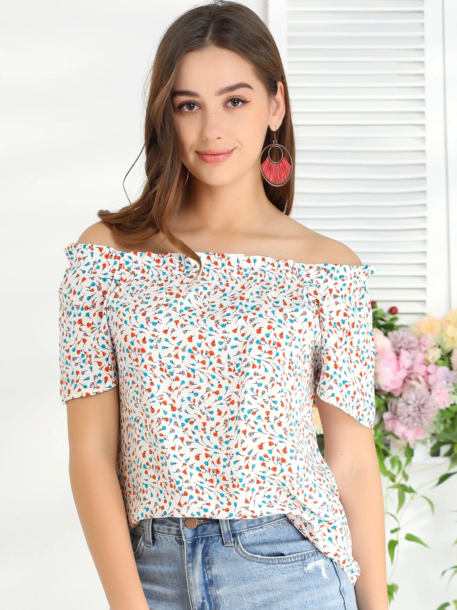 Casual Square Ruffle Neck Blouse Short Sleeve Summer Floral Tops sold by Allegra K product image thumbnail 2