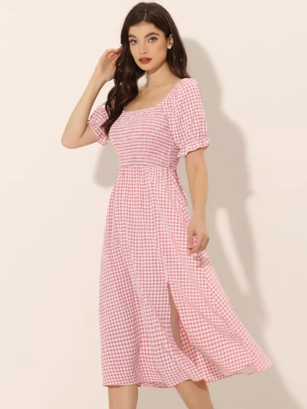 Vintage Smocked Tie Back Slit Side Gingham Midi Dress sold by Allegra K