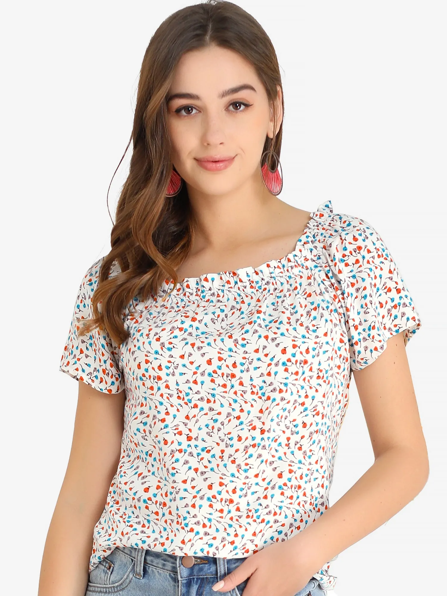 Casual Square Ruffle Neck Blouse Short Sleeve Summer Floral Tops sold by Allegra K