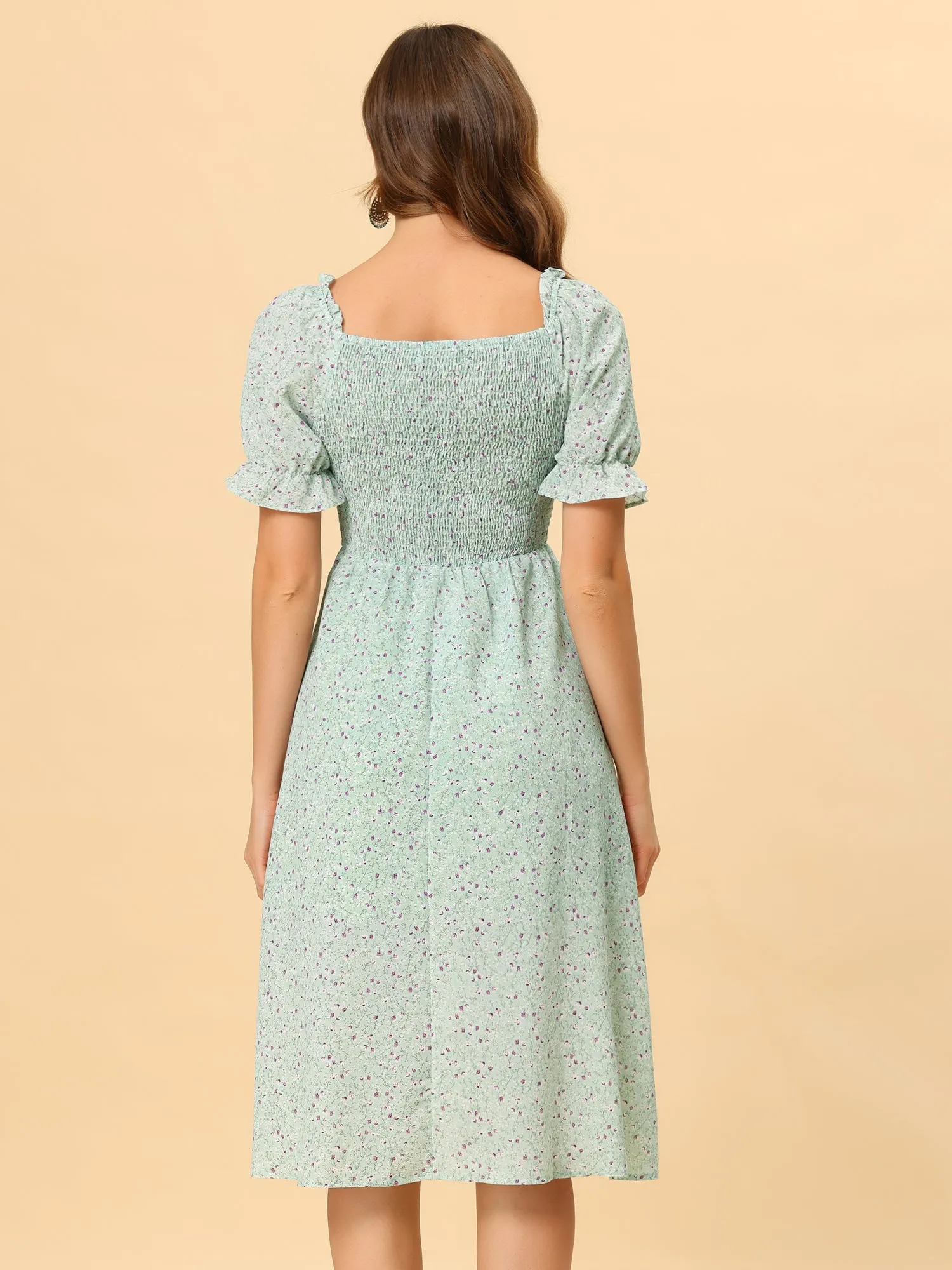 Summer Smocked Short Sleeve Floral Square Neck Flowy Midi Dress sold by Allegra K product image thumbnail 4