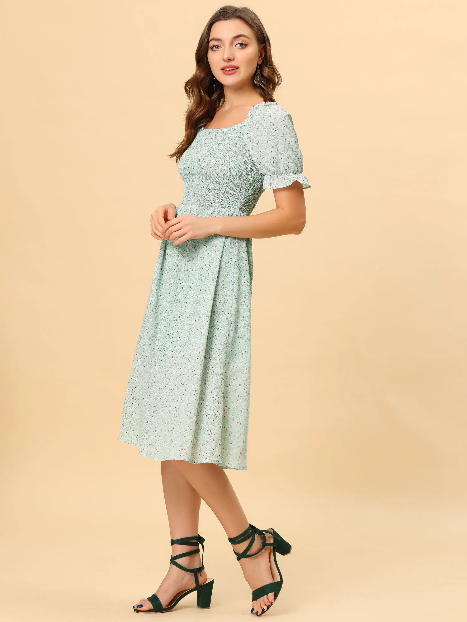 Summer Smocked Short Sleeve Floral Square Neck Flowy Midi Dress sold by Allegra K product image thumbnail 2