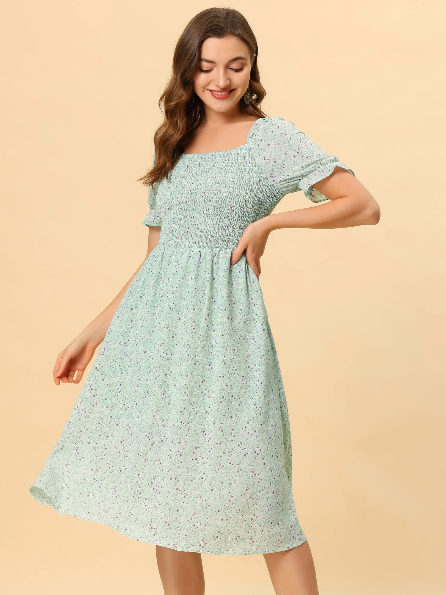 Summer Smocked Short Sleeve Floral Square Neck Flowy Midi Dress sold by Allegra K product image thumbnail 3