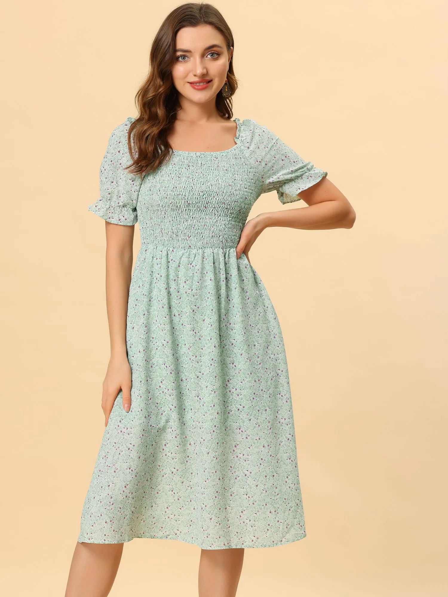 Summer Smocked Short Sleeve Floral Square Neck Flowy Midi Dress sold by Allegra K