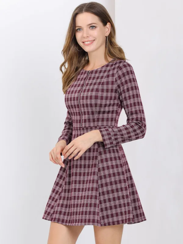 Christmas Plaid Long Sleeve Office Zip Up Fit and Flare Mini Dress sold by Allegra K