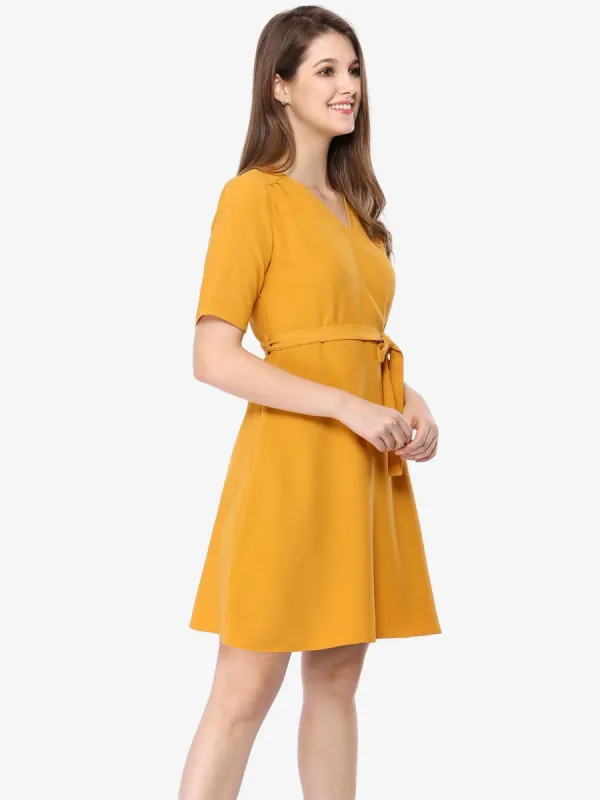 Short Sleeve V Neck Belted Above Knee A Line Dress sold by Allegra K