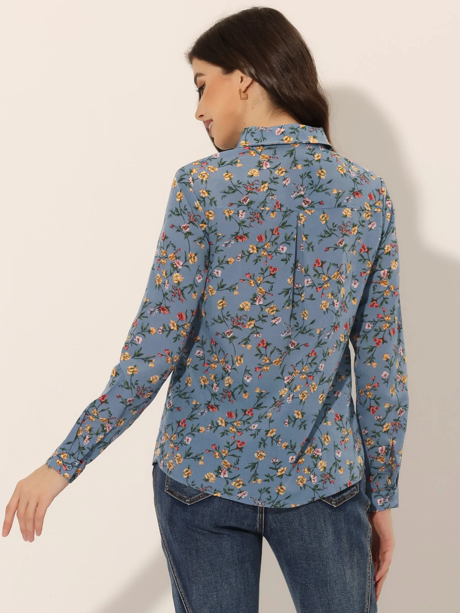 Button Down Floral Shirt Blouse Long Sleeve Point Collar Top sold by Allegra K product image thumbnail 3