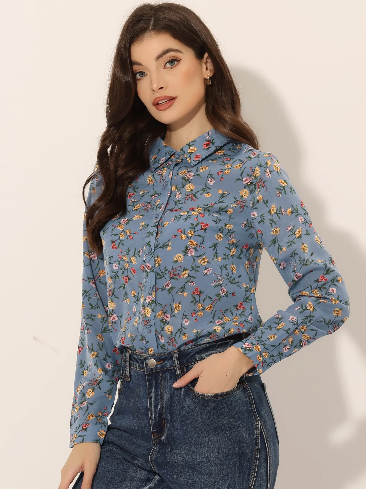 Button Down Floral Shirt Blouse Long Sleeve Point Collar Top sold by Allegra K