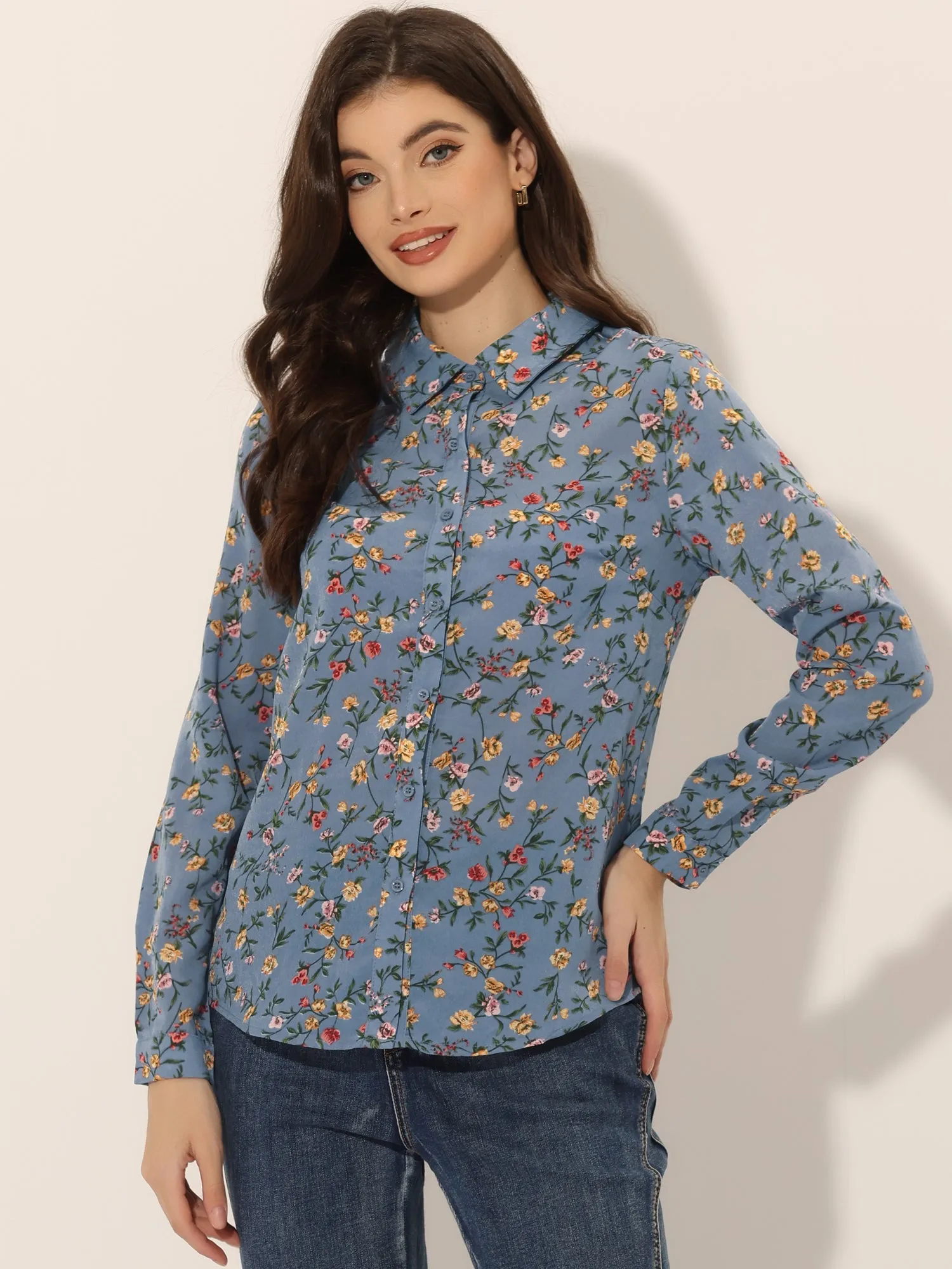 Button Down Floral Shirt Blouse Long Sleeve Point Collar Top sold by Allegra K product image thumbnail 2
