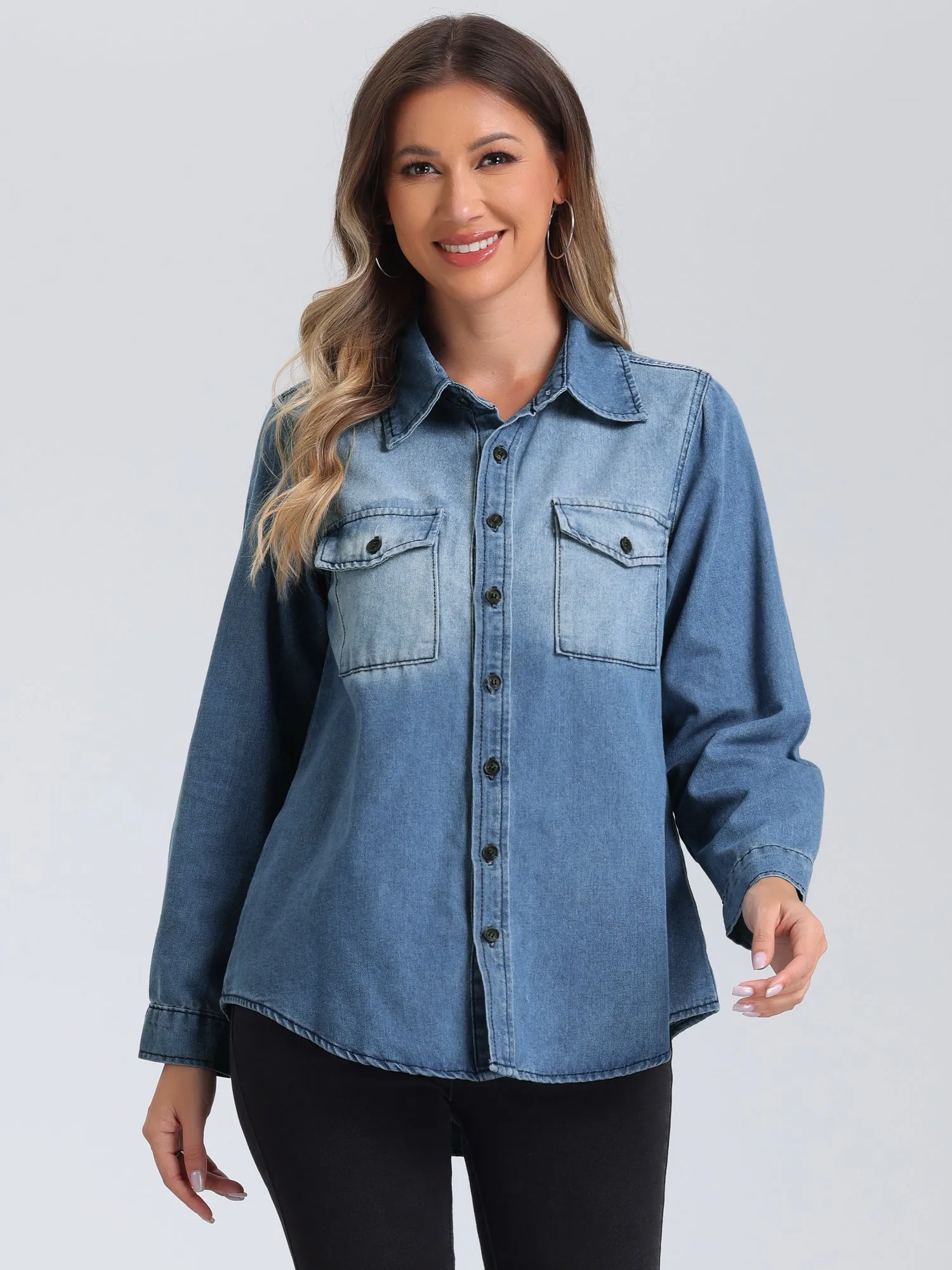 Collar Denim Button Down Long Sleeve Oversized Casual Jean Jackets sold by Allegra K