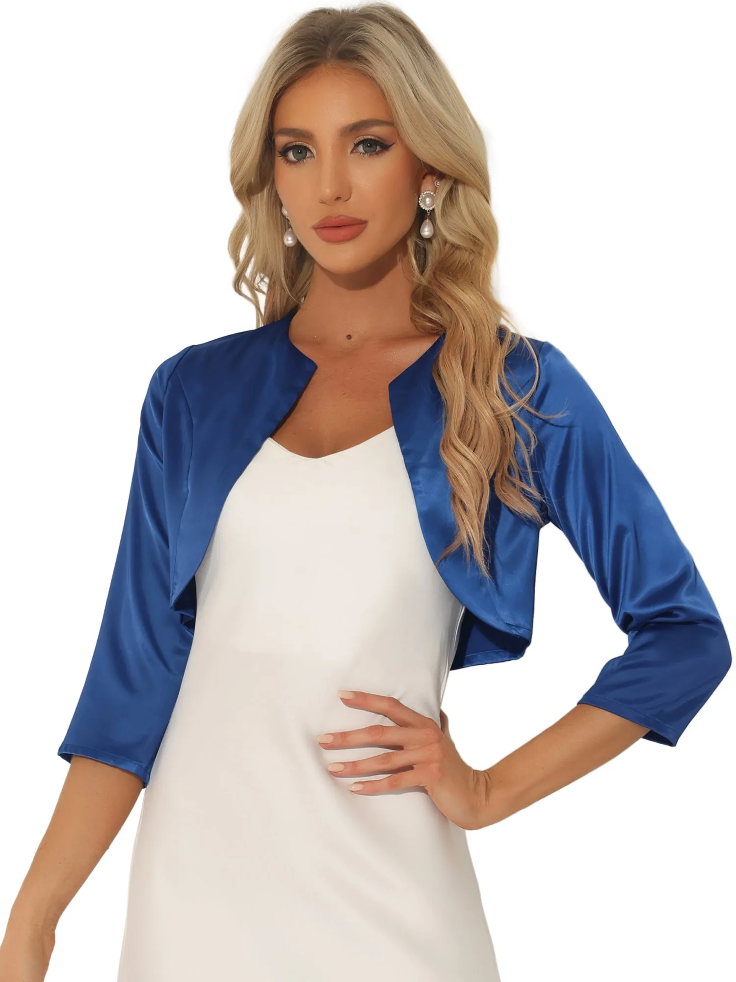 Satin Cardigan Elegant 3/4 Sleeve Solid Bolero Shrug Tops sold by Allegra K product image thumbnail 4