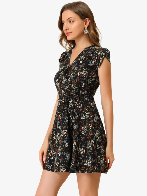 Boho Crossover V Neck Petal Sleeve Belted Floral Flowy Dress sold by Allegra K