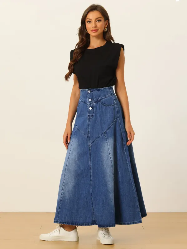 Casual Denim High Waisted A-Line Flared Maxi Skirt sold by Allegra K