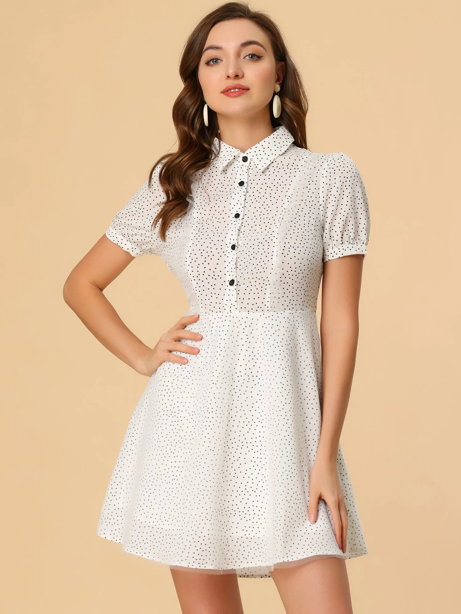 Polka Dot Puff Short Sleeve Half Placket Mesh A-Line Shirt Dress sold by Allegra K product image thumbnail 5