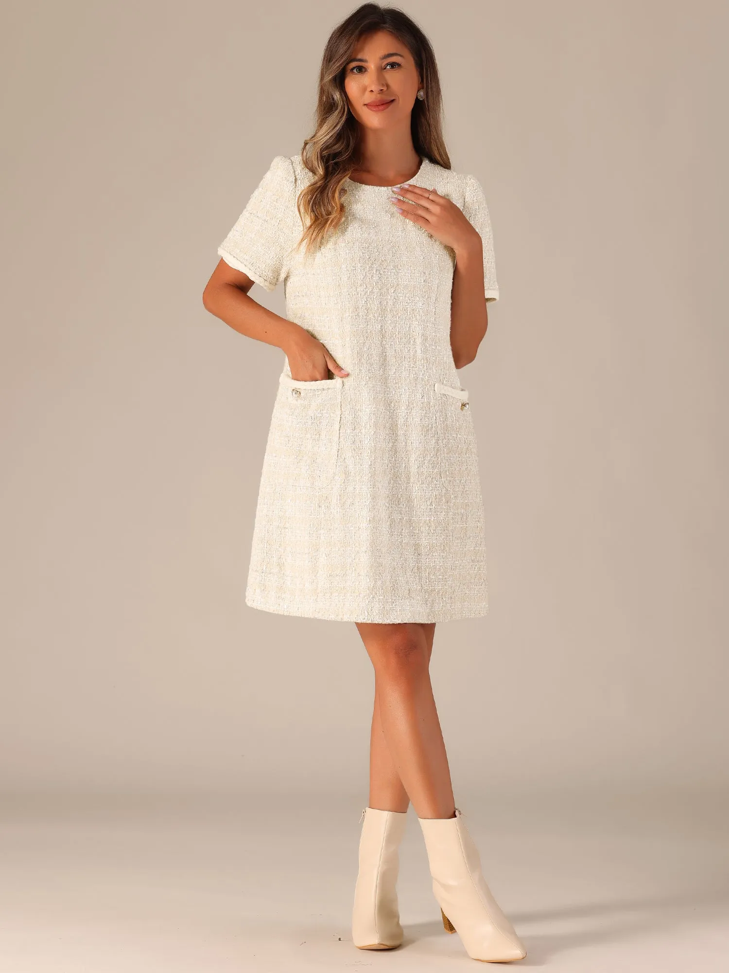 Tweed Plaid Short Sleeve A-Line Vintage Mini Shift Dress sold by Allegra K