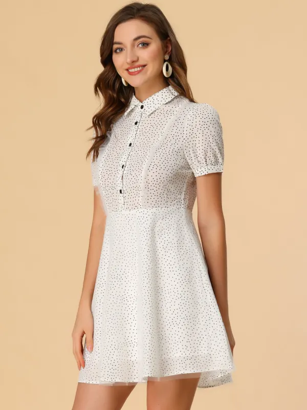 Polka Dot Puff Short Sleeve Half Placket Mesh A-Line Shirt Dress sold by Allegra K