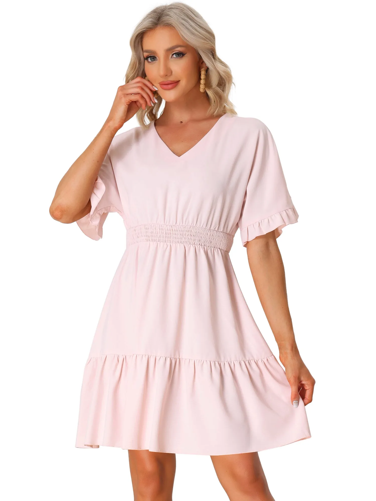 Short Sleeves Smocked Ruffled Tiered Hem Peasant Mini Dress sold by Allegra K product image thumbnail 5