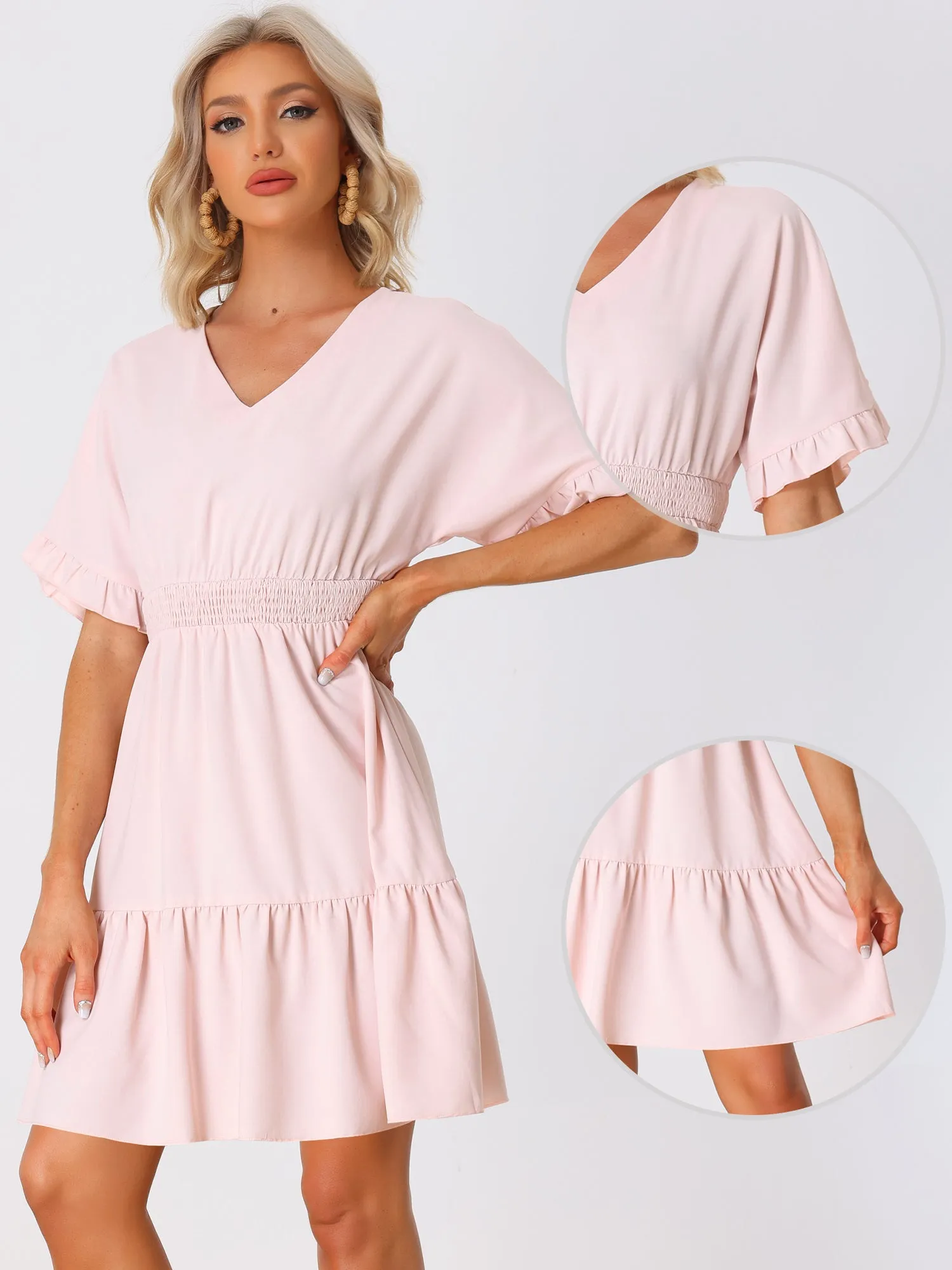 Short Sleeves Smocked Ruffled Tiered Hem Peasant Mini Dress sold by Allegra K product image thumbnail 2