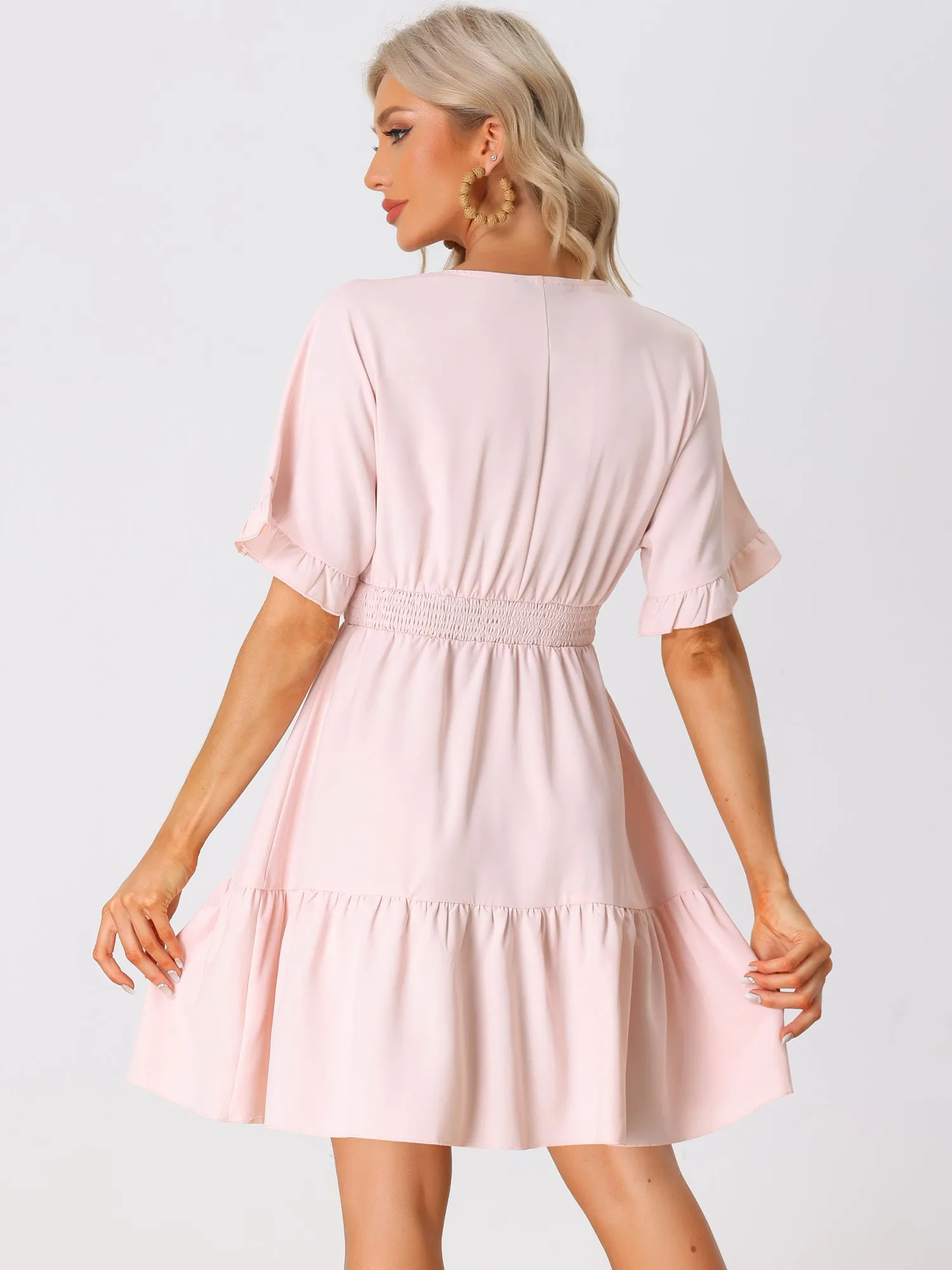 Short Sleeves Smocked Ruffled Tiered Hem Peasant Mini Dress sold by Allegra K product image thumbnail 3