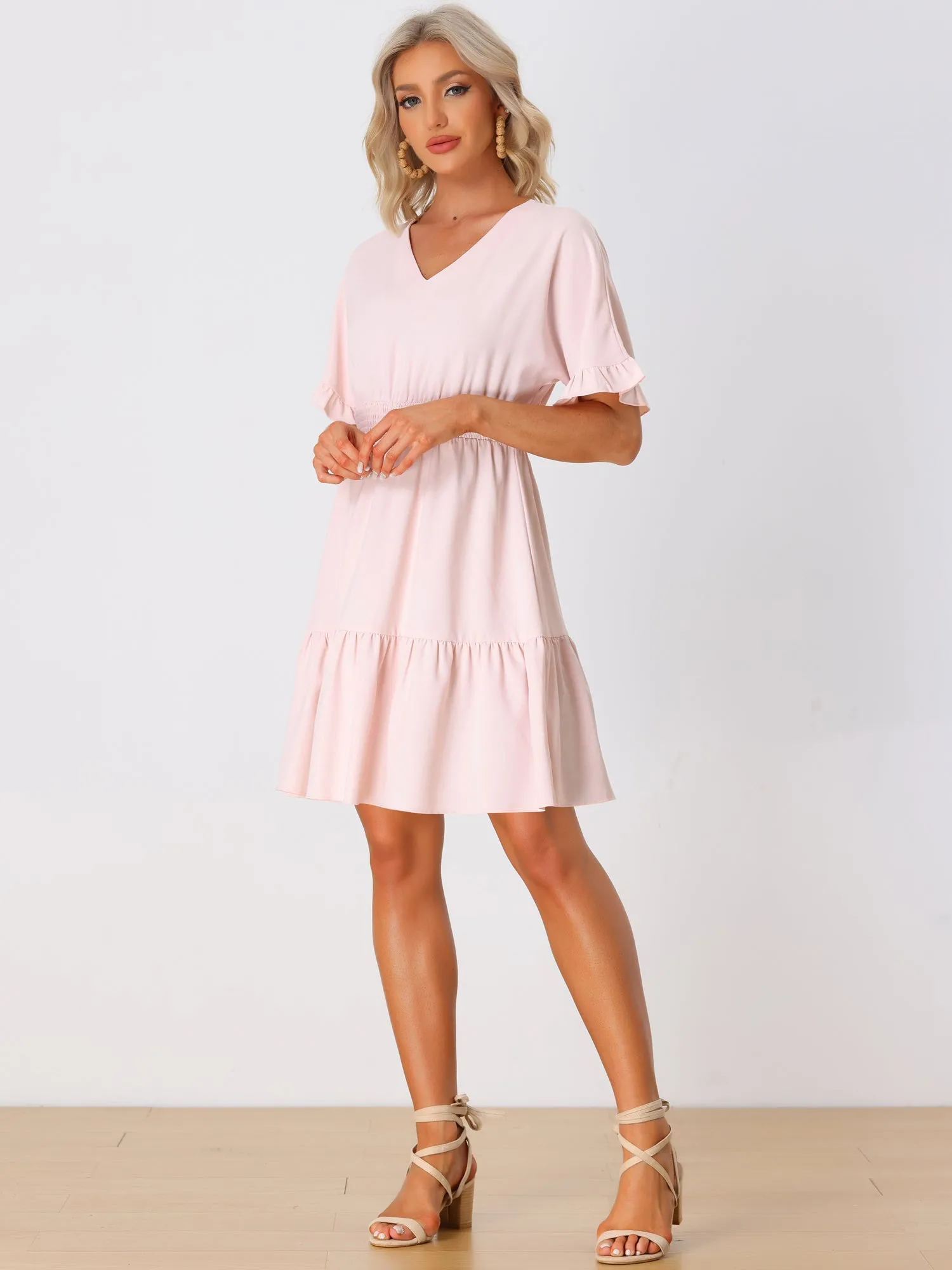 Short Sleeves Smocked Ruffled Tiered Hem Peasant Mini Dress sold by Allegra K