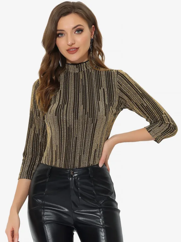Party Glitter 3/4 Sleeve Shiny Striped Metallic Tops sold by Allegra K