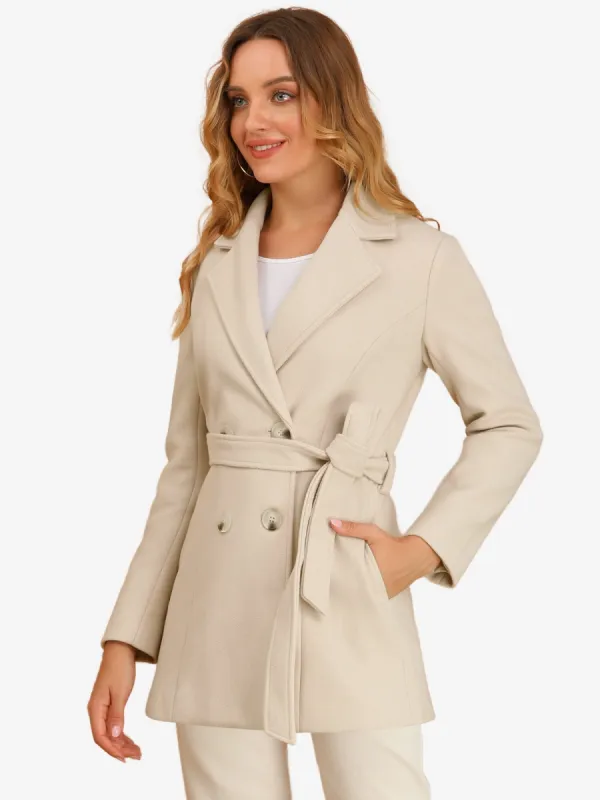 Faux Fur Collar Coat Double Breasted Belted Winter Overcoat sold by Allegra K