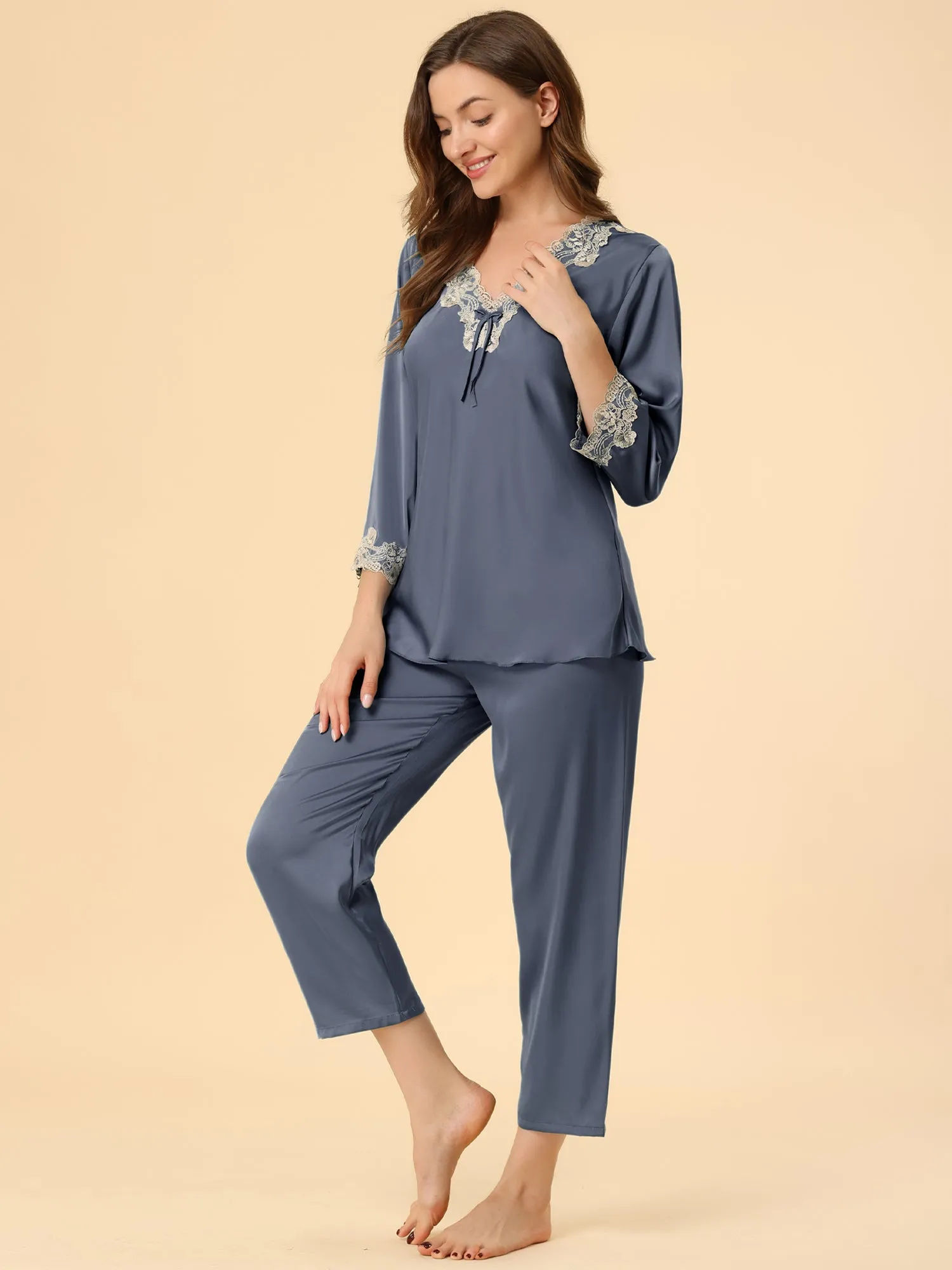 Satin Sleepwear Night Suit V Neck Lace Nightwear Lounge Pajama Set sold by Allegra K product image thumbnail 3