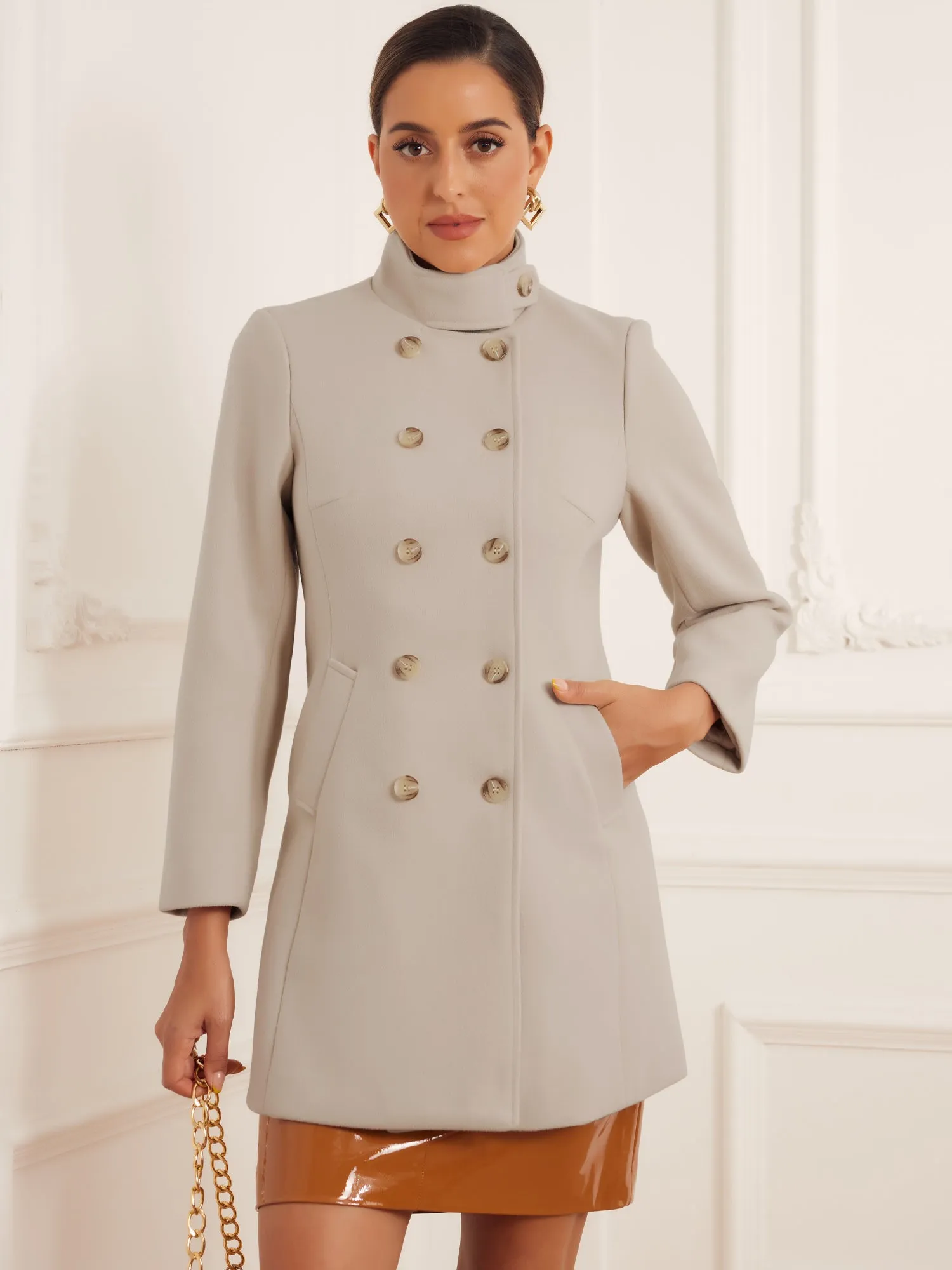 Double Breasted Winter Stand Collar Vintage Pea Coat Overcoat sold by Allegra K