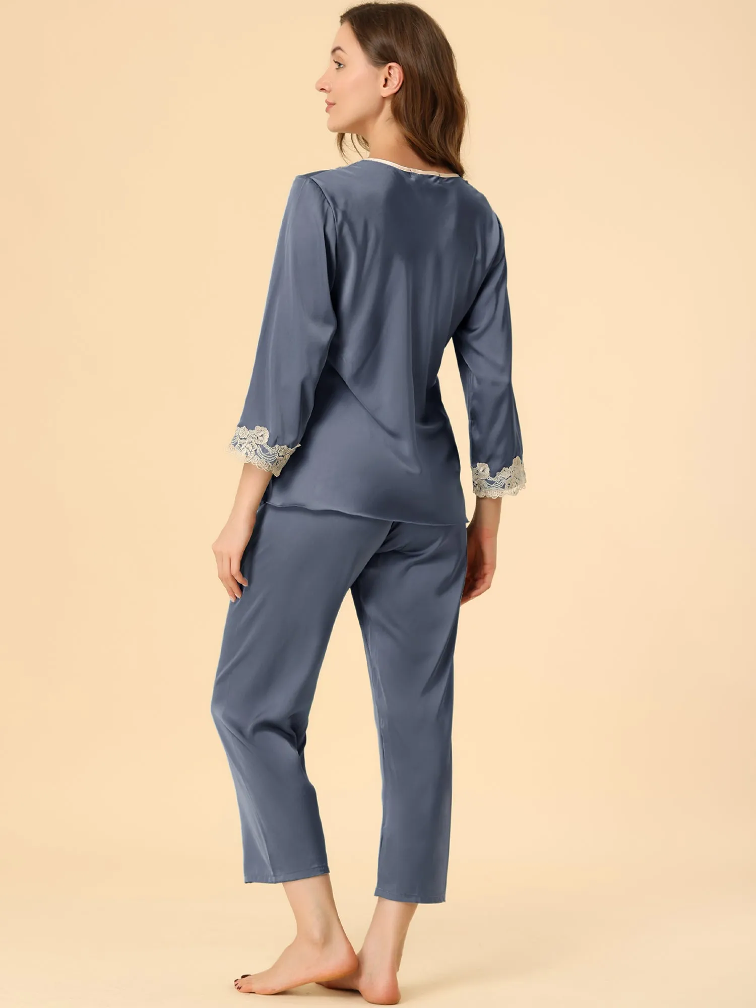 Satin Sleepwear Night Suit V Neck Lace Nightwear Lounge Pajama Set sold by Allegra K product image thumbnail 4